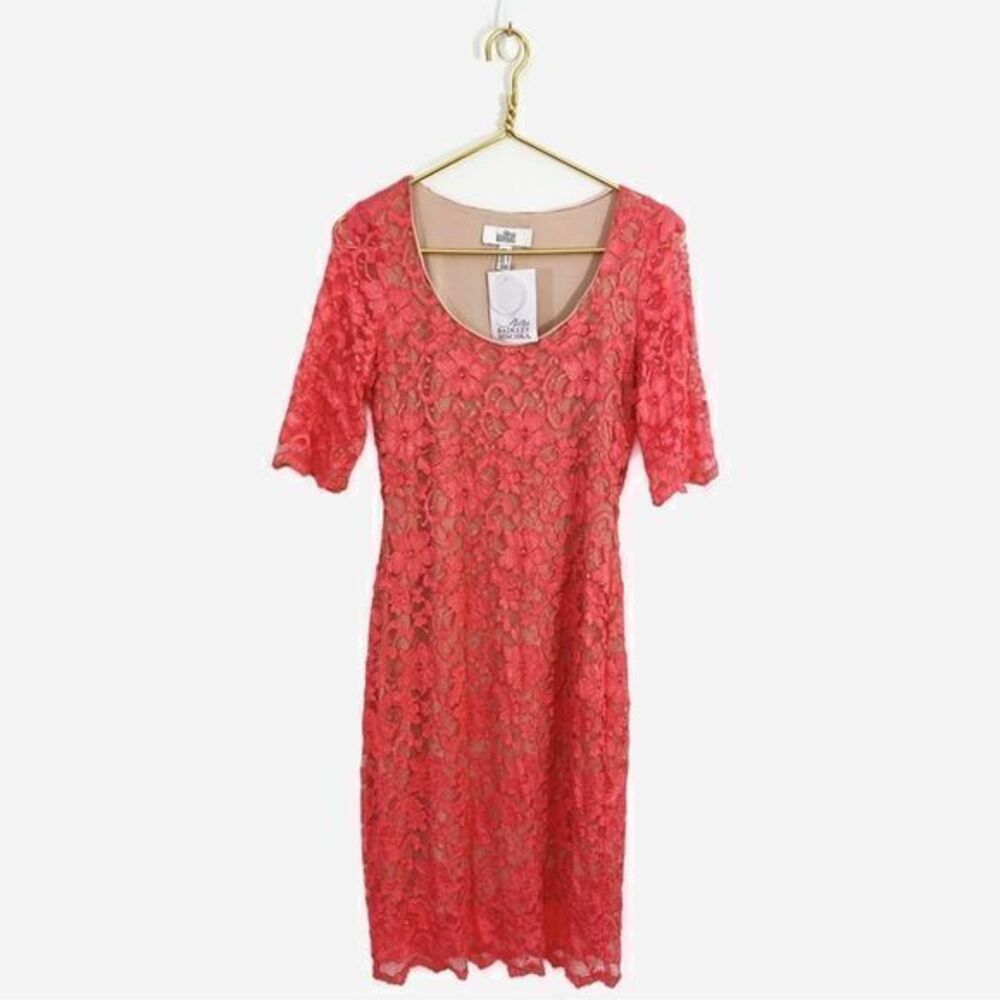 Belle Badgley Mischka NWT 6 Coral Lace Overlay Stretch Sheath Dress‎ Formal